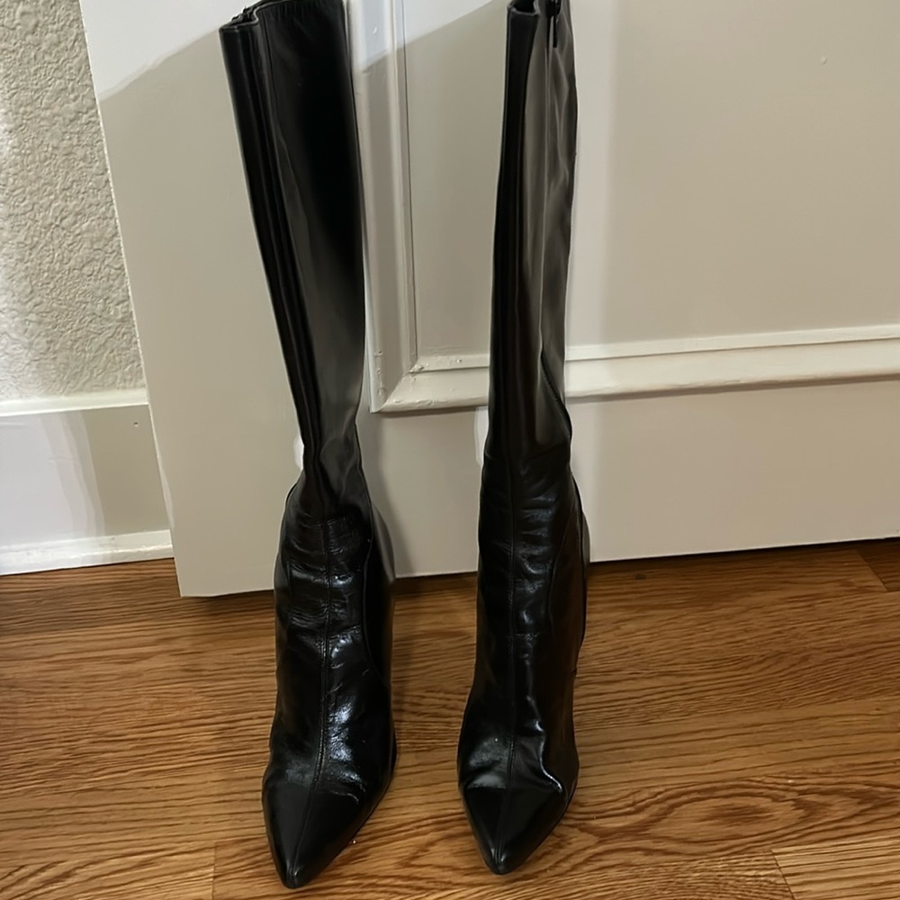 Black leather heeled boots